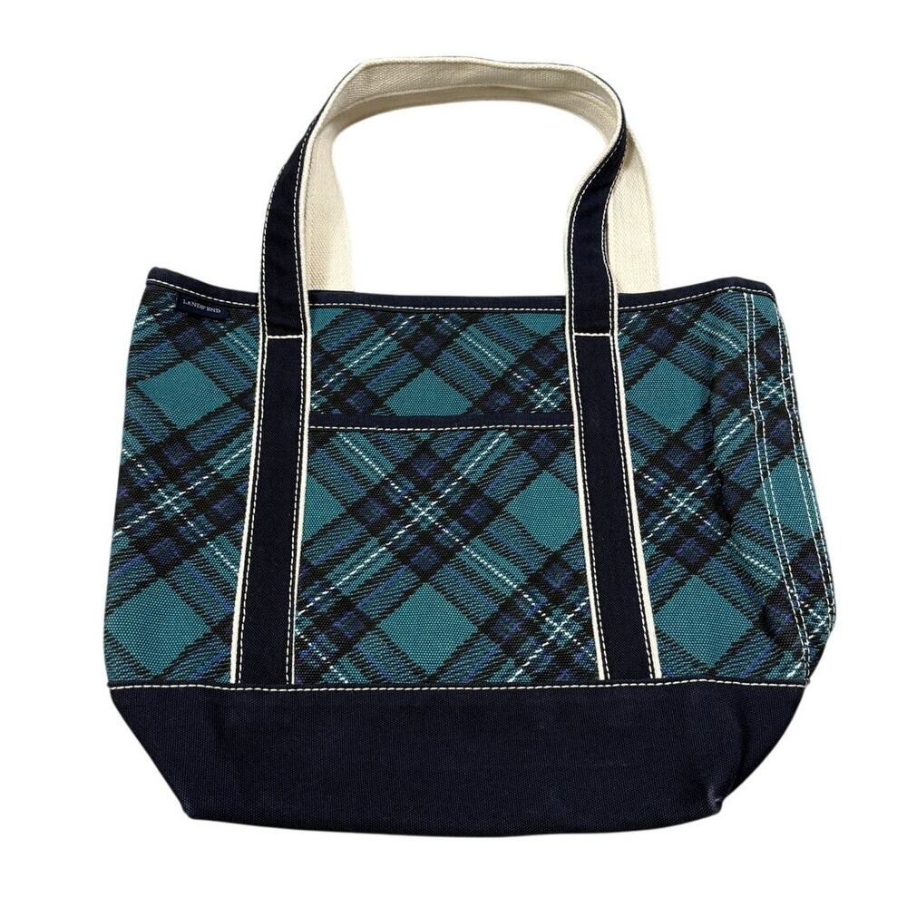 Lands' End Green Blue Plaid Canvas Cotton Tote Bag